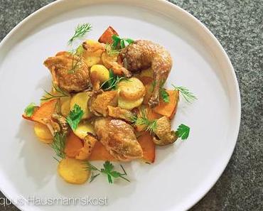 herbstlich, Wachtelpfanne mit Kürbis und Steinpilzen