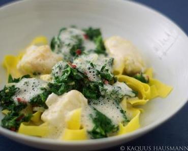 Seeteufel, Parmesansauce, Spinat und Pasta