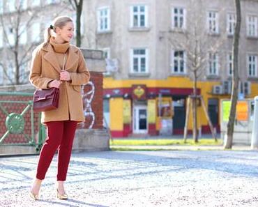 Camel coat & burgundy red pants