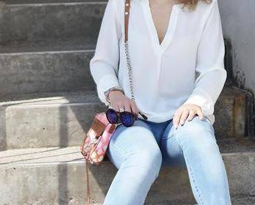 Outfit: Rebecca Minkoff, Light Blue Jeans, White Blouse & Espadrilles
