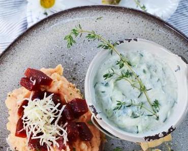 Gesunder Fang! Gebratenes Zanderfilet mit Rote Rüben-Püree und Tzatziki
