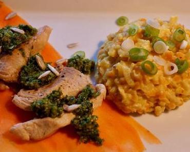 Linsenrisotto mit Orangenhühnchen und Korianderpesto von Glück am Stück [Gastbeitrag]