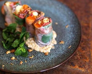 Roastbeef-Rolle mit Mandarine, Minze und Mais