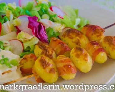 Ideen für den Grillabend: Kartoffel-Bacon Spieße mit Sour Cream and Onion Dip