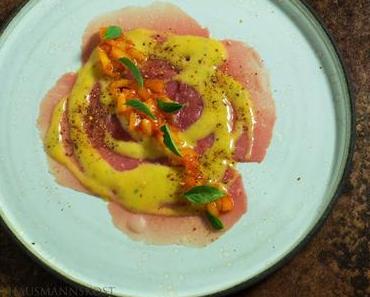 Kalbscarpaccio Miso-Mayonnaise Aprikose