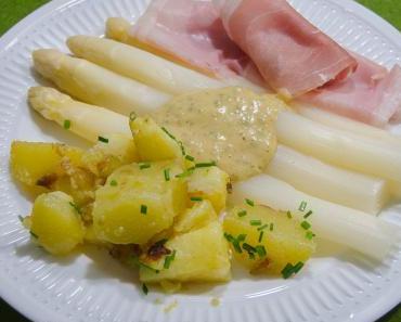 Senfsauce (ohne Ei) mit Zitronenmelisse zu Markgräfler Spargel und italienischem Schinken