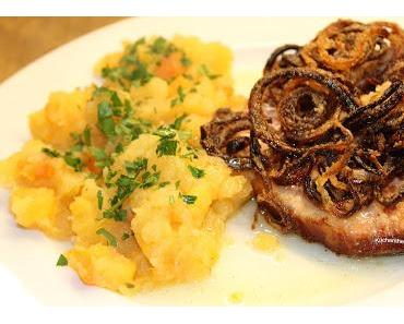 Kasseler mit Steckrüben-Püree und Röstzwiebeln