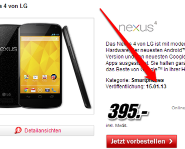 Google Nexus 4: Bei Media Markt erst ab Mitte Januar 2013