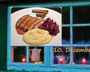 Weihnachtsmarktfutter für daheim: Nürnberger Rostbratwürstl mit Glühweinsauce, Pflaumen-Rotkraut und Kartoffelpü