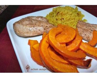 Mahlzeit! Kürbisspalten mit Gewürzreis und Hähnchenbrustfiet