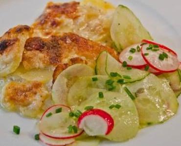 Vegetarisch: Kartoffelgratin mit Gurken-Radischen Salat