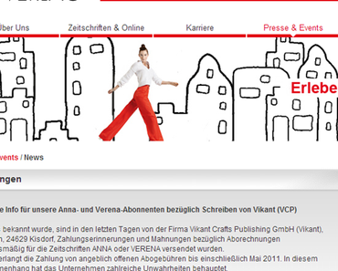 Aktuelle Mitteilung vom OZ-Verlag bzgl. Abo-Rechnung für Anna und Verena aus dem Jahr 2011