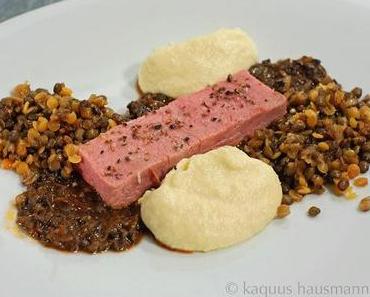 aromatisch: Kalbsrücken, Champignons, Linsen und Petersilienwurzel, mit ein klein wenig Sellerie