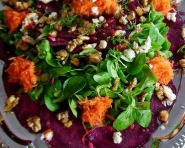 Kulinarikus zu Gast bei "Eine Prise Liebe": Winterlicher Rote-Bete-Salat mit Möhren und Feldsalat an karamellisierten Walnüssen und gebackenem Feta