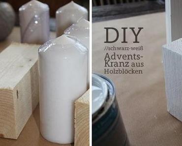 DIY: Adventskranz aus Holzblöcken in schwarz-weiß