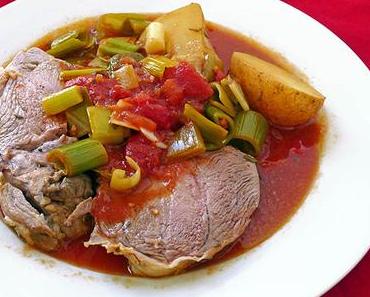 Oster-Nachklapp: Lammkeule mit Kartoffel-Lauch-Gemüse